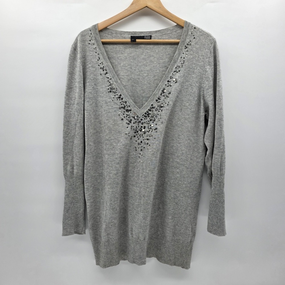 Eileen Fisher Sweater Womens Large Sequined V-neck Gray Organic‎ Cotton/Cashmere